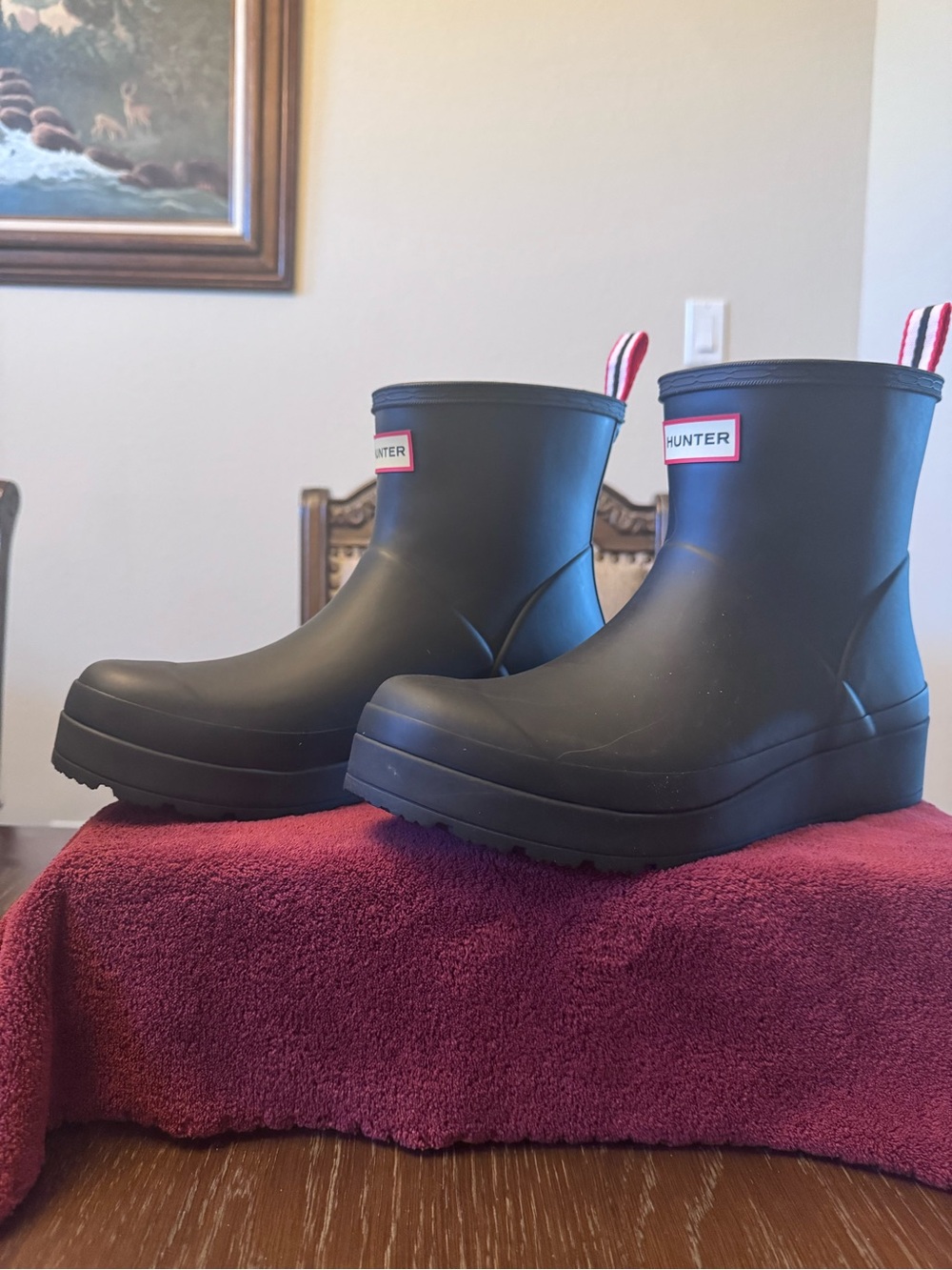 Hunter Black Short Rain Boots with Red-White Heel Tabs